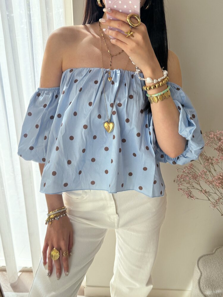 Fae Polkadot Off Shoulder Top / Blue