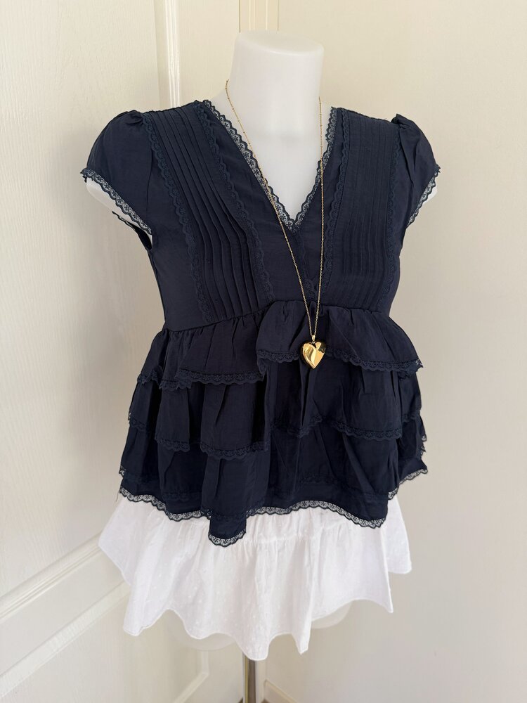 Emi Lace Ruffle Top / Navy Blue