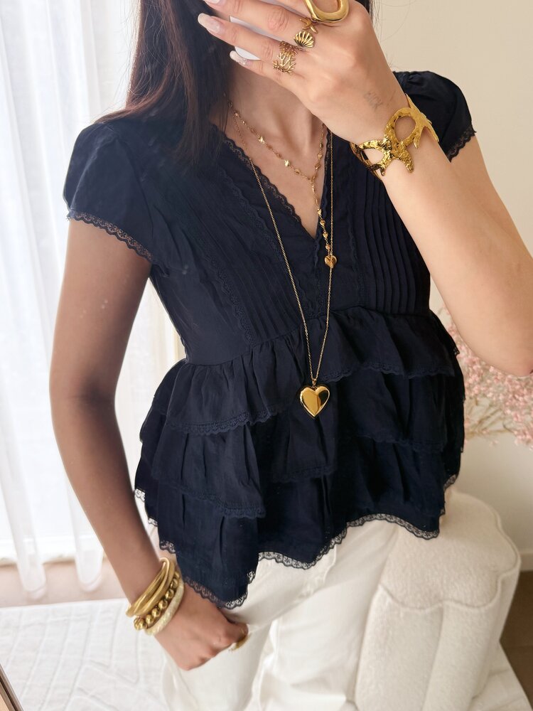 Emi Lace Ruffle Top / Navy Blue