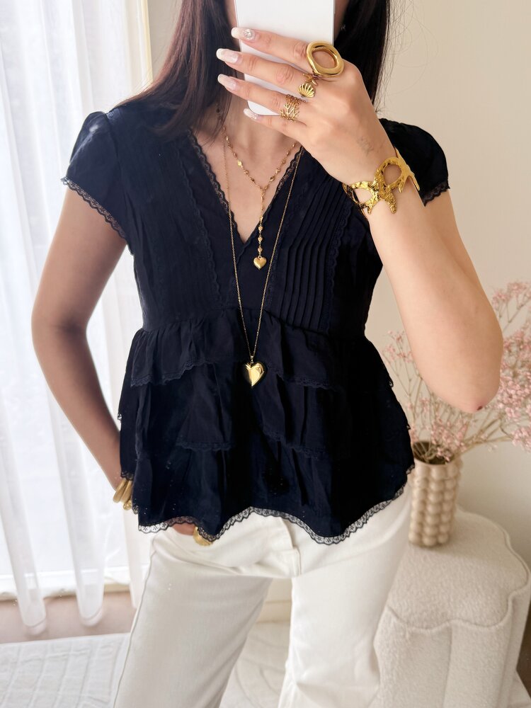 Emi Lace Ruffle Top / Navy Blue