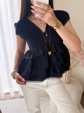 Emi Lace Ruffle Top / Navy Blue