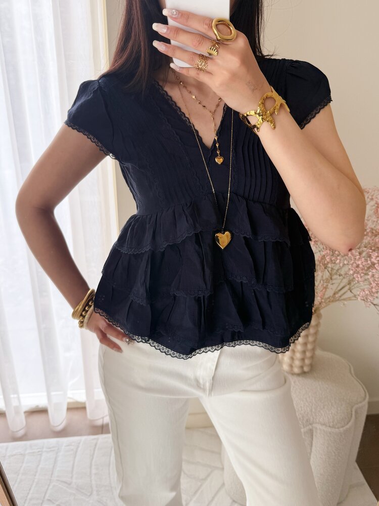 Emi Lace Ruffle Top / Navy Blue