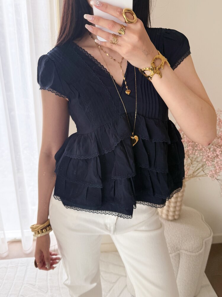 Emi Lace Ruffle Top / Navy Blue