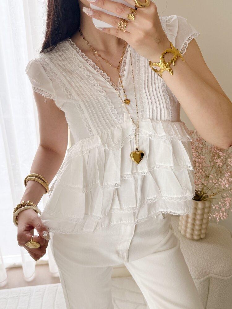 Emi Lace Ruffle Top / White