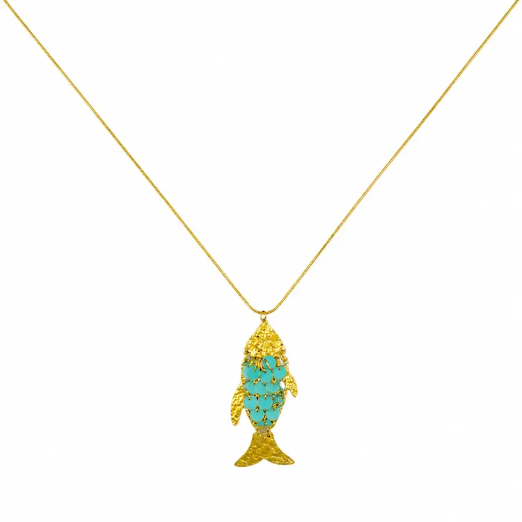 Gold Koi Fish Sequin Long Necklace / Turquoise