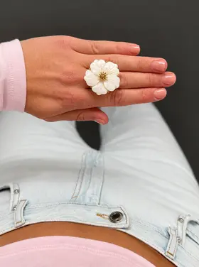 Gold Big Flowery Ring / White