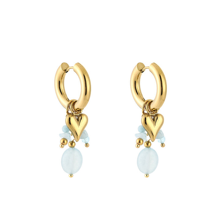 Gold Heart Beads Mix Earrings / Blue
