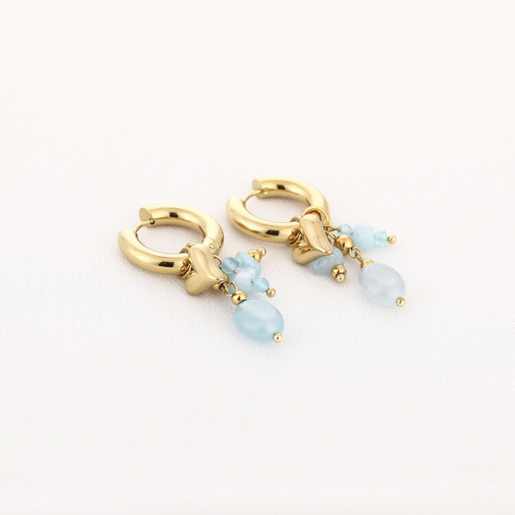 Gold Heart Beads Mix Earrings / Blue