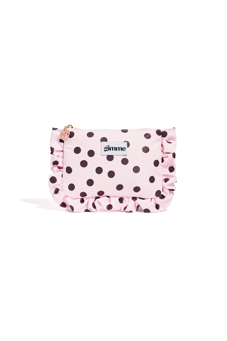 Mailey Polkadot Ruffle Pouch / Light Pink & Brown