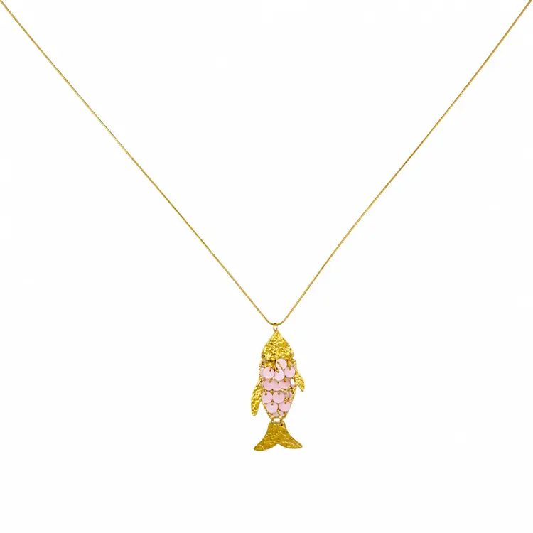 Gold Koi Fish Sequin Long Necklace / Light Pink
