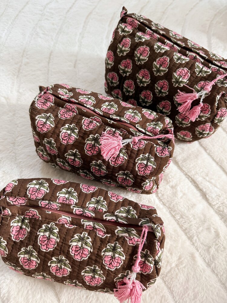 Bali Flower Pouch / Brown & Pink