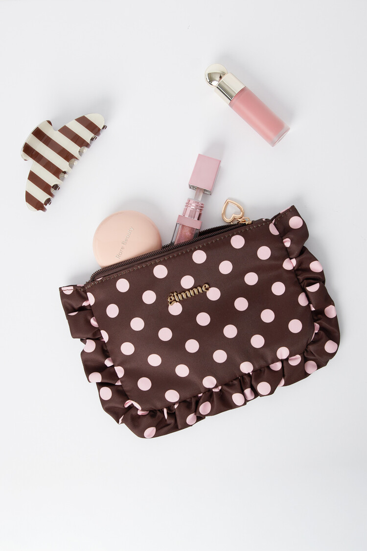 Mailey Polkadot Ruffle Pouch / Brown & Pink