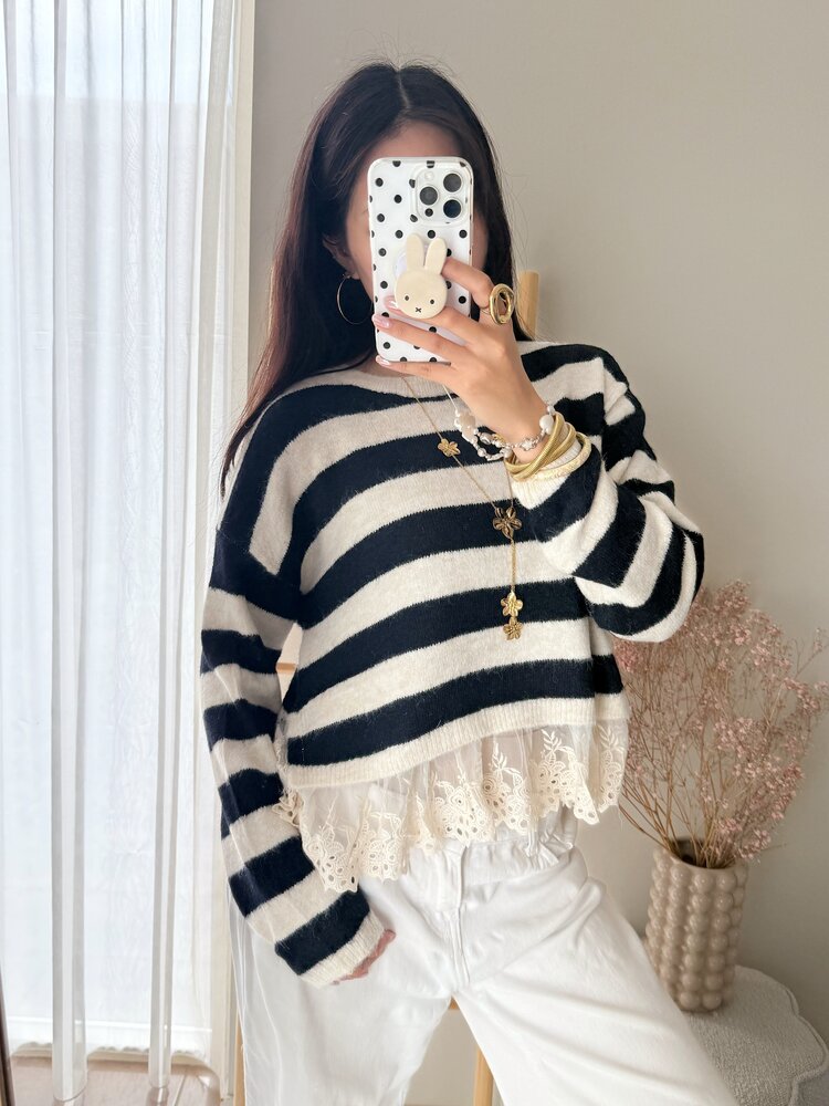 Naila Embroidered Striped Sweater / Navy Blue
