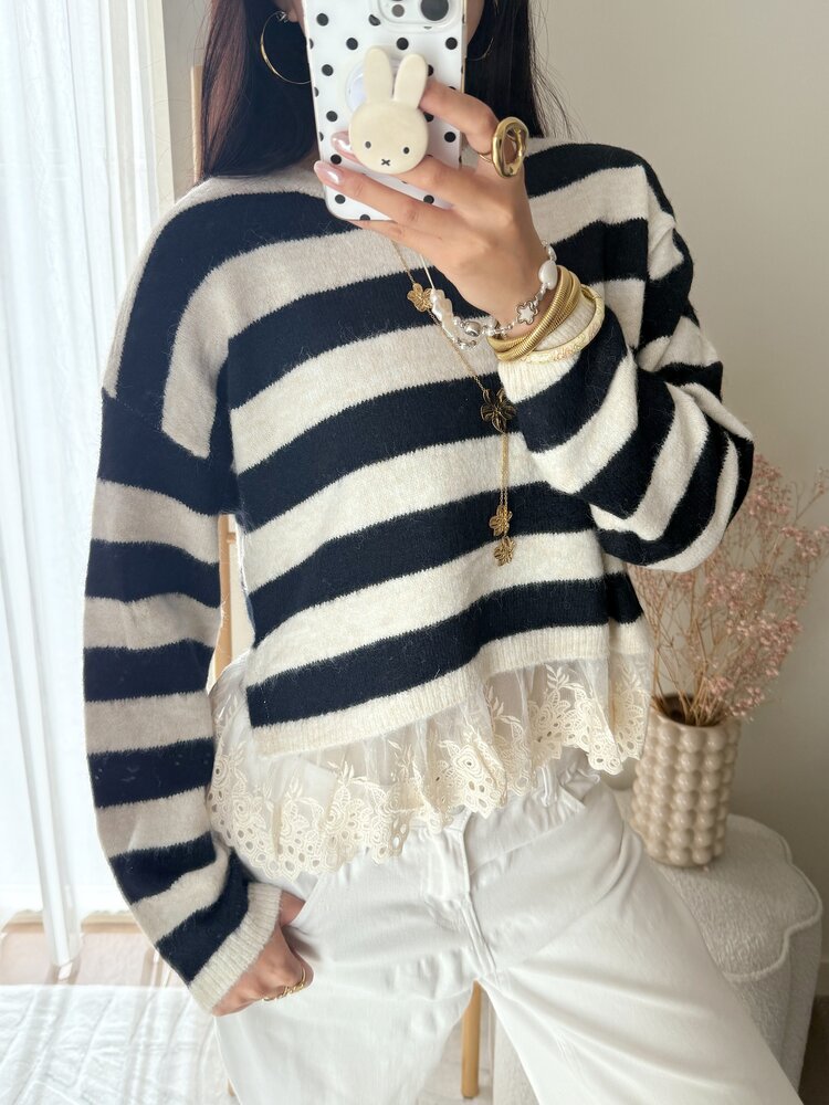 Naila Embroidered Striped Sweater / Navy Blue
