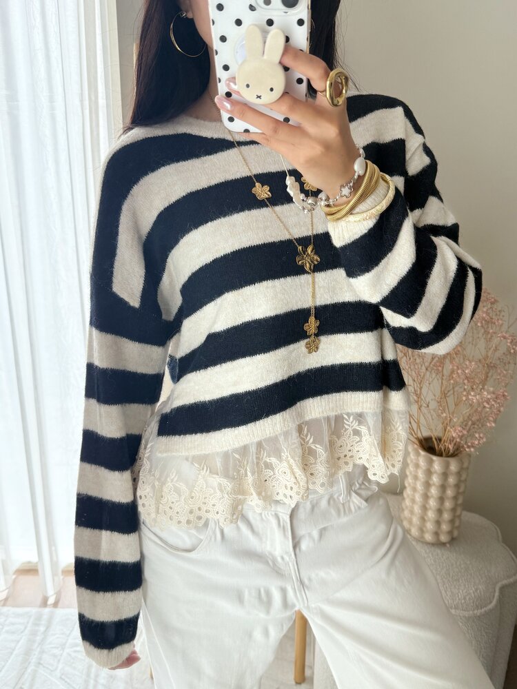 Naila Embroidered Striped Sweater / Navy Blue