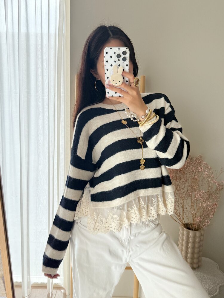 Naila Embroidered Striped Sweater / Navy Blue