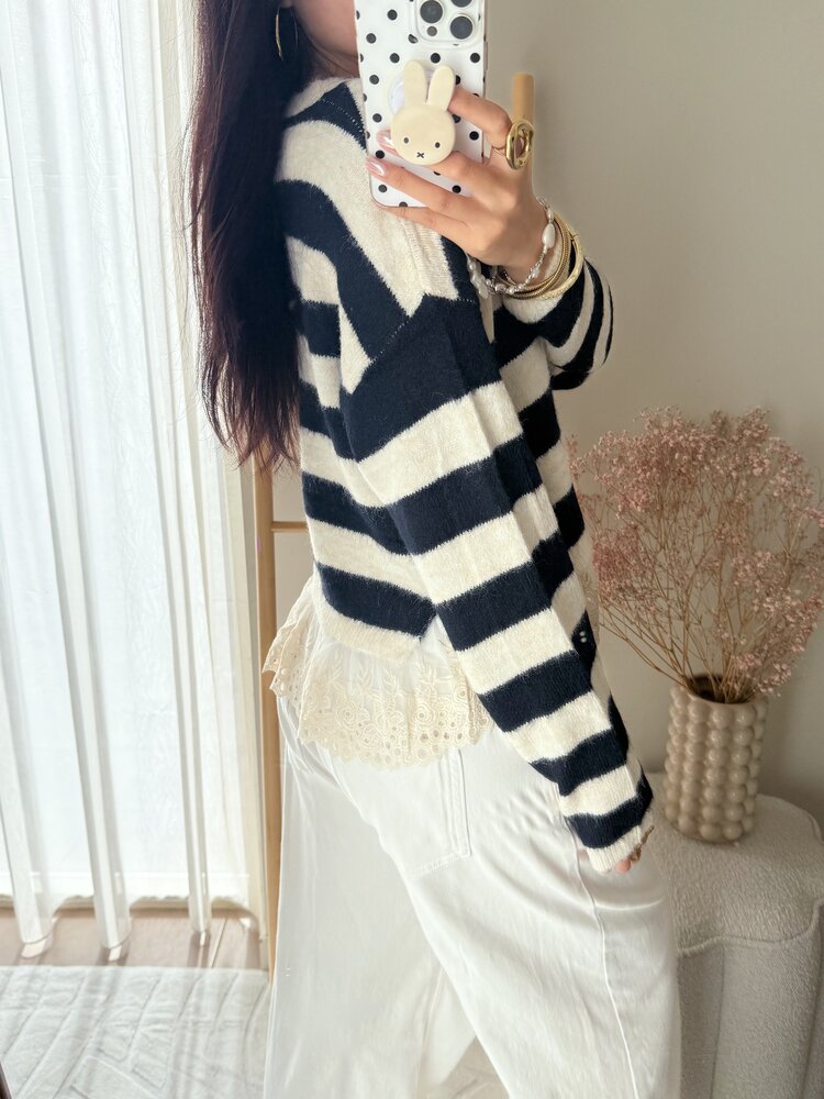 Naila Embroidered Striped Sweater / Navy Blue