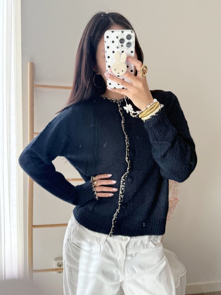 Bodil Floral Frill Knit Cardigan / Navy Blue