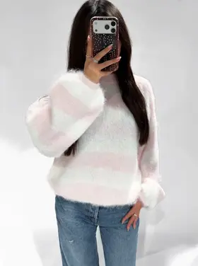 Dolly Fluffy Striped Sweater / Pink & White