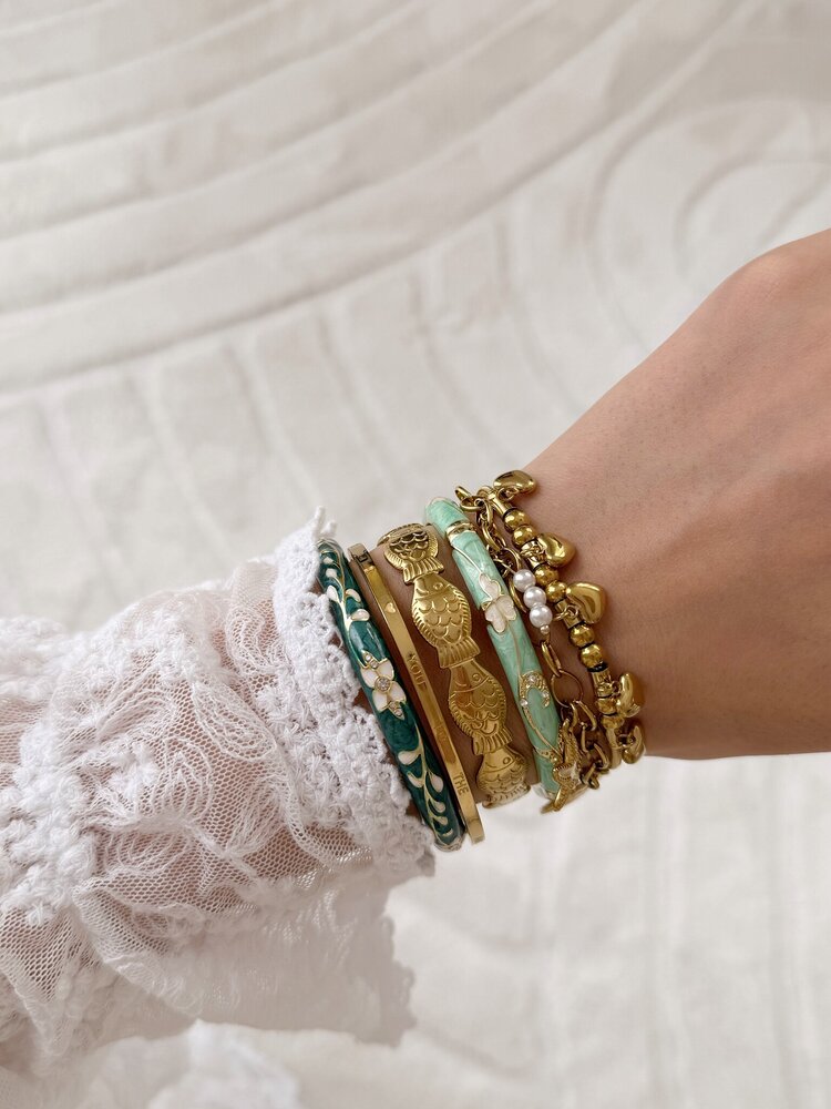 Gold Flower Leaf Bangle Bracelet (COPPER) / White