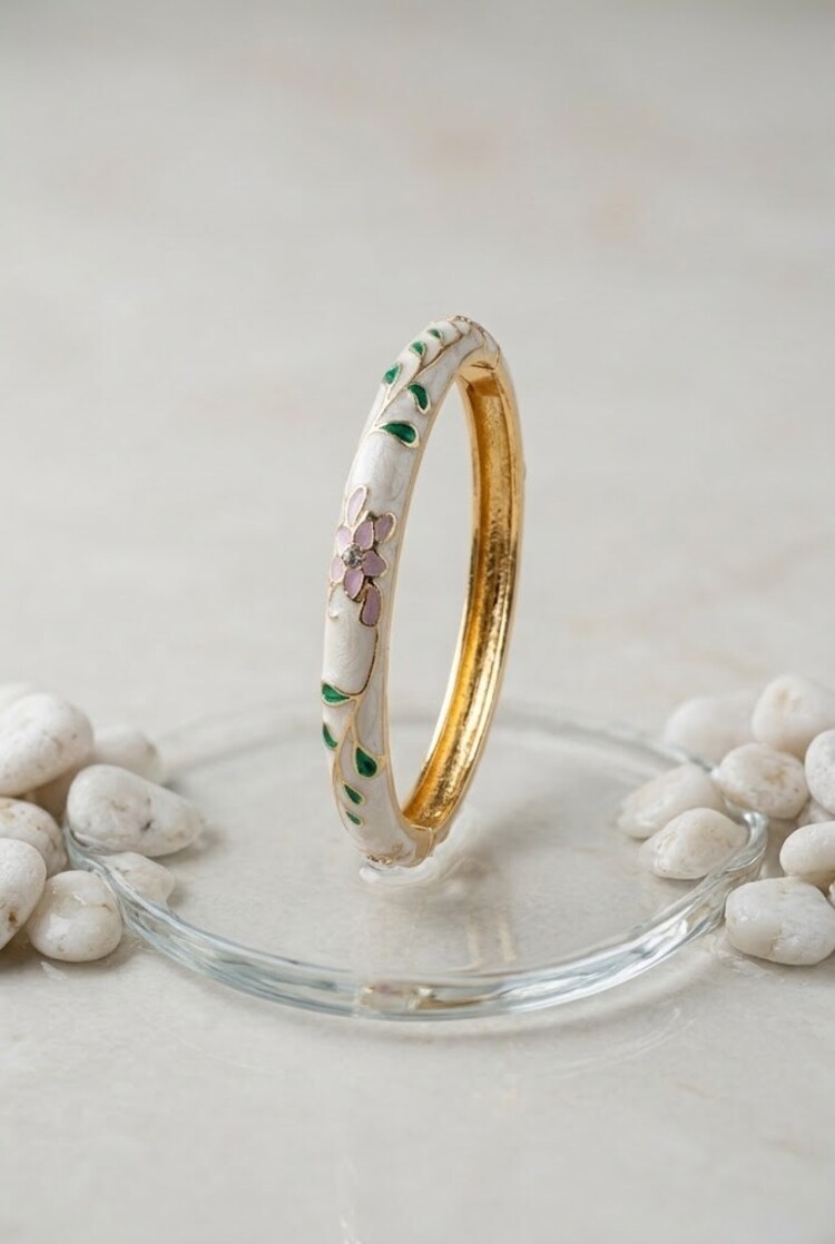 Gold Flower Leaf Bangle Bracelet (COPPER) / White