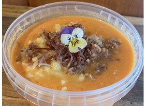 Salmorejo: koude Spaanse soep/tomaat/ei/pata negra