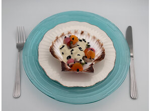 Coquille in de schelp/ceviche/zoete aardappel/radijs/wilde rijst/koriandercress