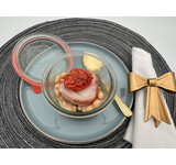 Kabeljauwrouleau/Bauern speck/witte boon/msir/tomaat/kappers