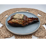 Gevulde aubergine lamsgehakt/uiencompote