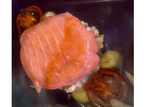 Zalmbonbon/gerookte makreel/knolselderijsalade/basilicummayo