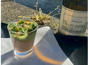 Glaasje zalmmousse/avocadocrème/zeewier/krokante aardappel