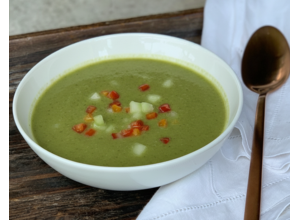 Groene gazpacho/komkommer/munt/ricola/basilicum (vegetarisch)