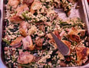 Krokante kip/fregola/ palmkool/doperwt