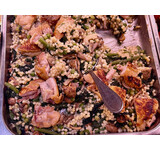 Krokante kip/fregola/ palmkool/doperwt