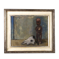 Stilleven houten beeld met schedel