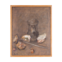 Stilleven tinnen kan met oesters