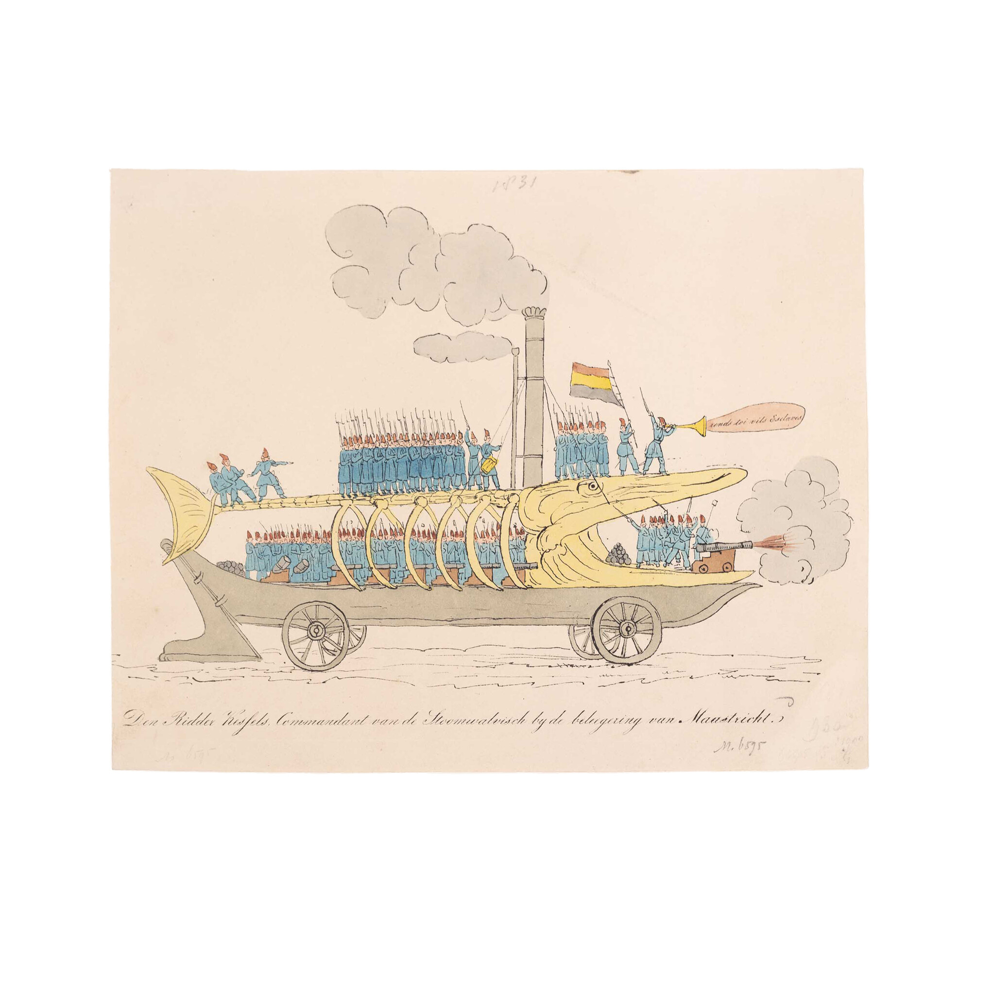 Spotprent 'Den Ridder Kessels, Commandant van de Stoomwalvisch bij de beleegering van Maastricht', 1830-1831
