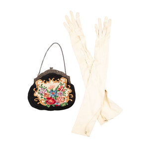 Mystery Museum Petit point evening bag with evening gloves