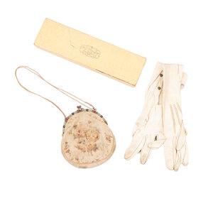 Mystery Museum Antique bag with gloves and ladies fan