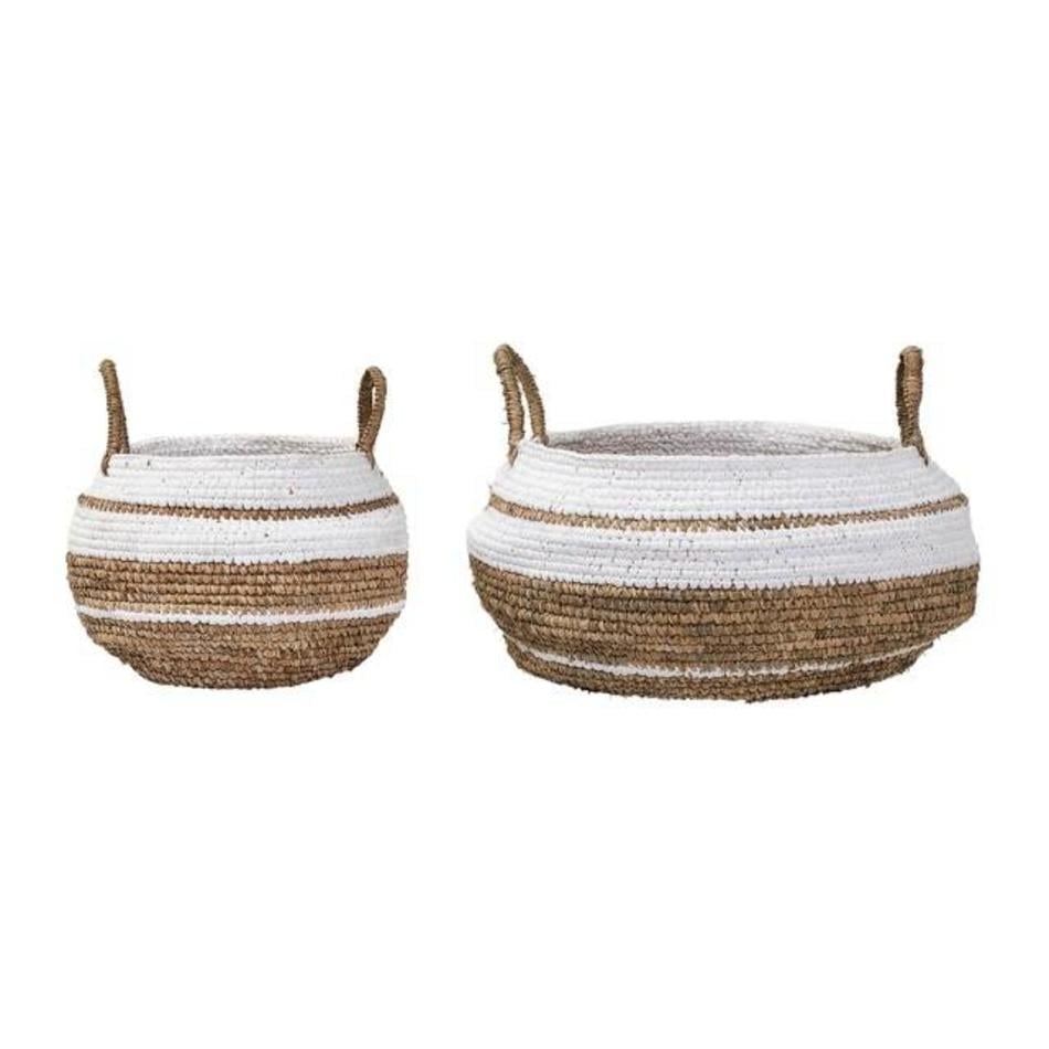 Set van 2 - Raffia manden - Naturel / wit