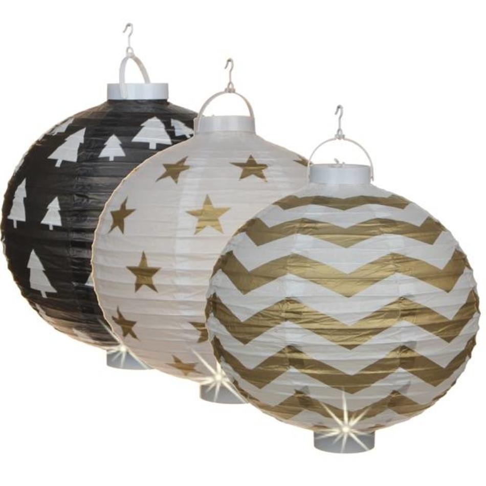 Set of three Chinese lanterns - White, gold / black