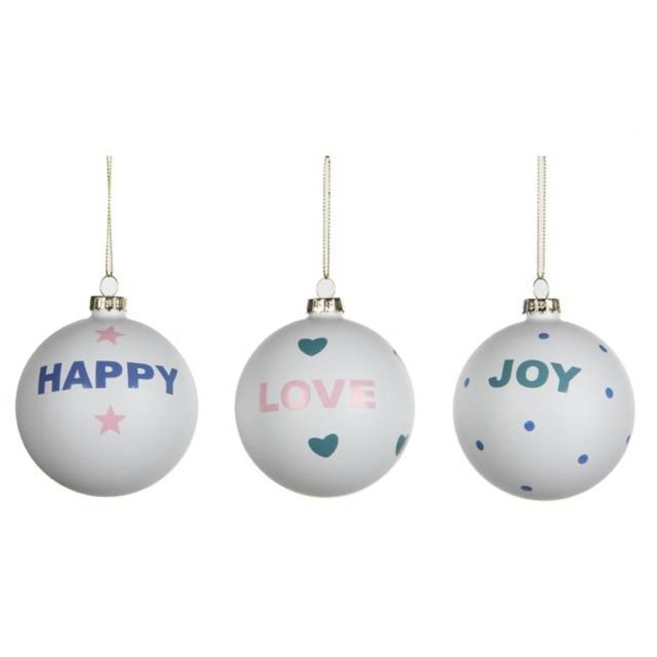 Set van 3 kerstballen Happy, Love, Joy