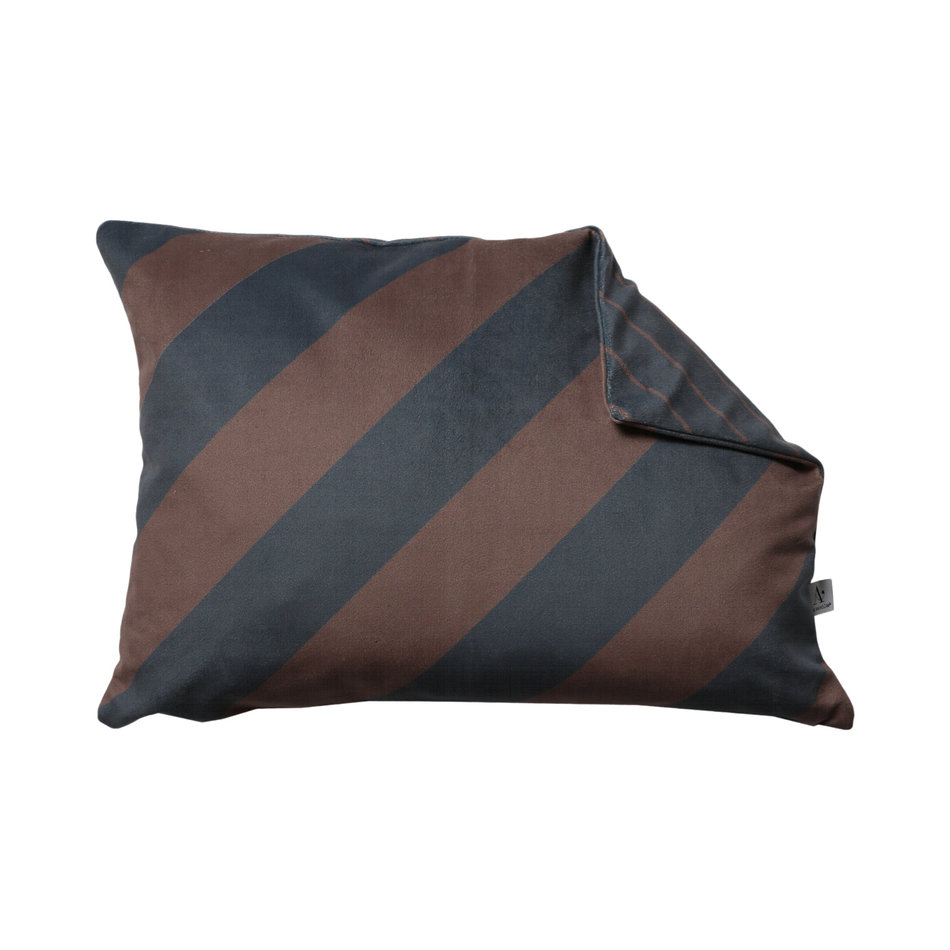 Velvet cushion - Diagonal stripe - Grey / Cognac