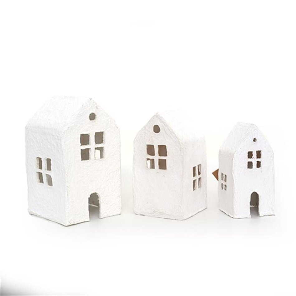 Cotton mache - Set of 3 houses - White