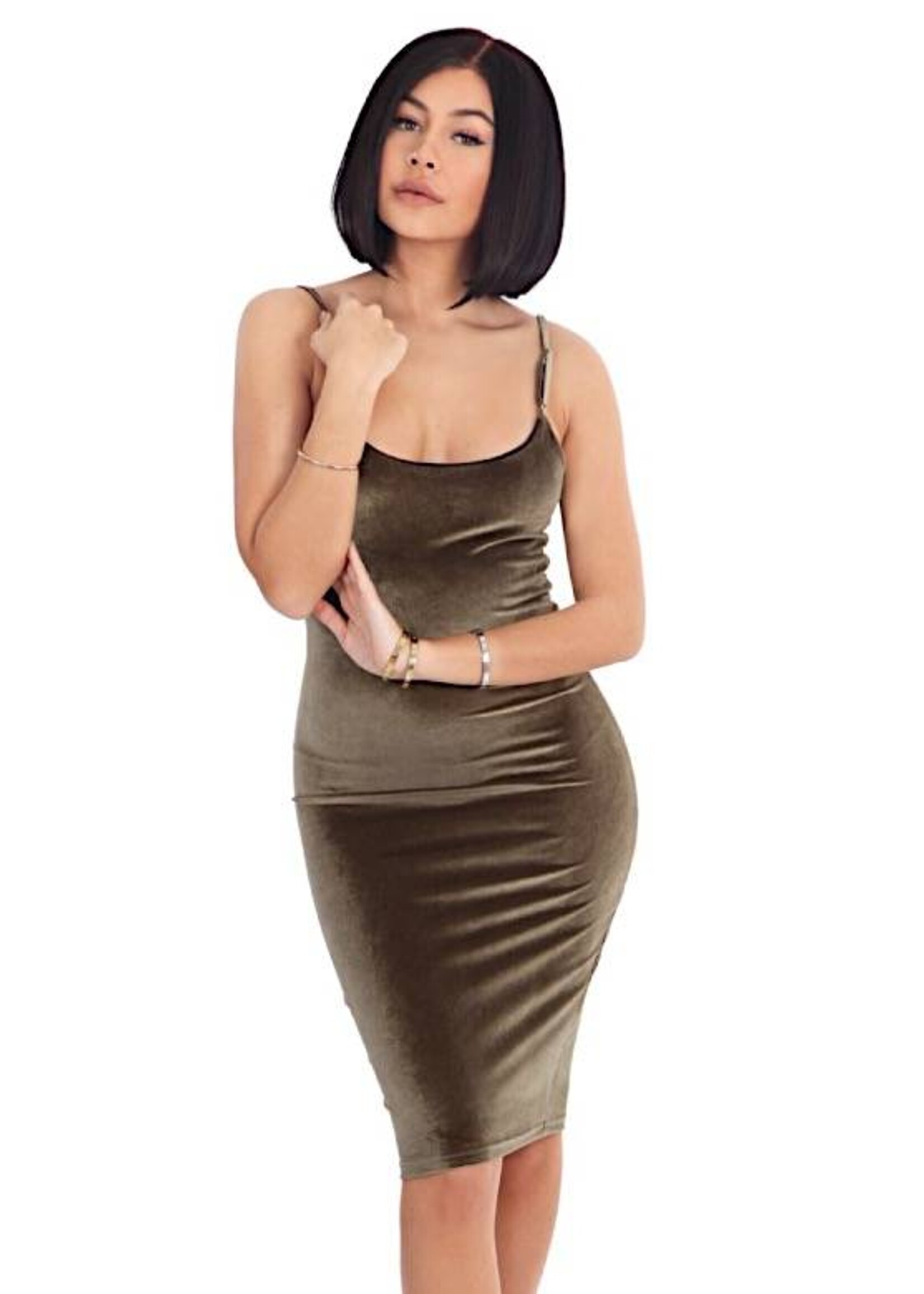 LA SISTERS VELVET STRAP DRESS ARMY