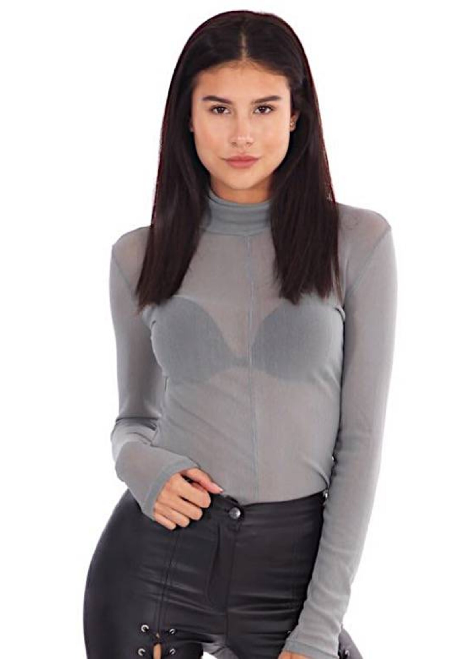 LA SISTERS MESH TURTLE NECK TOP GREY