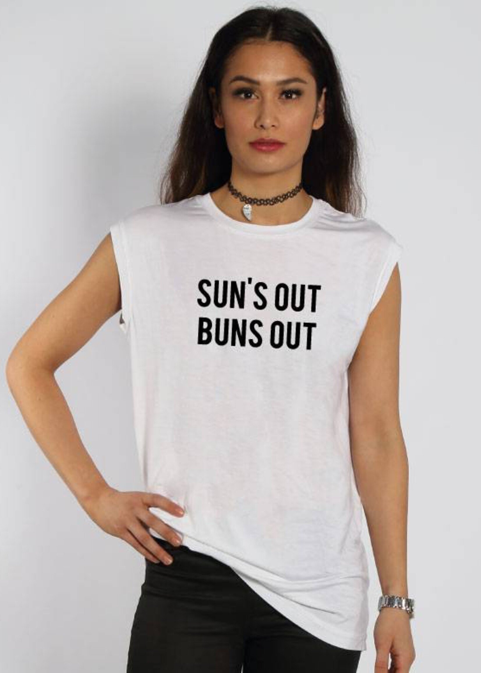 SUN'S OUT BUNS OUT SLEEVELESS TEE WHITE
