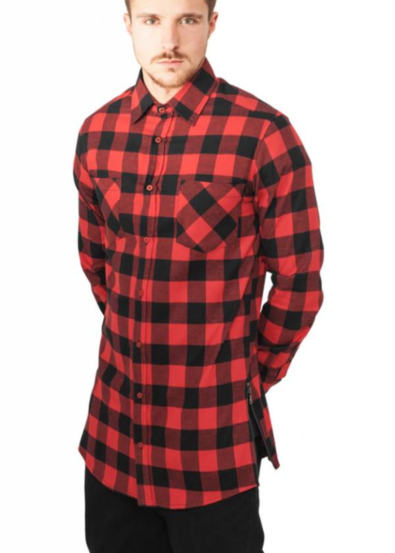 SIDE-ZIP LONG FLANNEL SHIRT BLACK/RED (MEN)