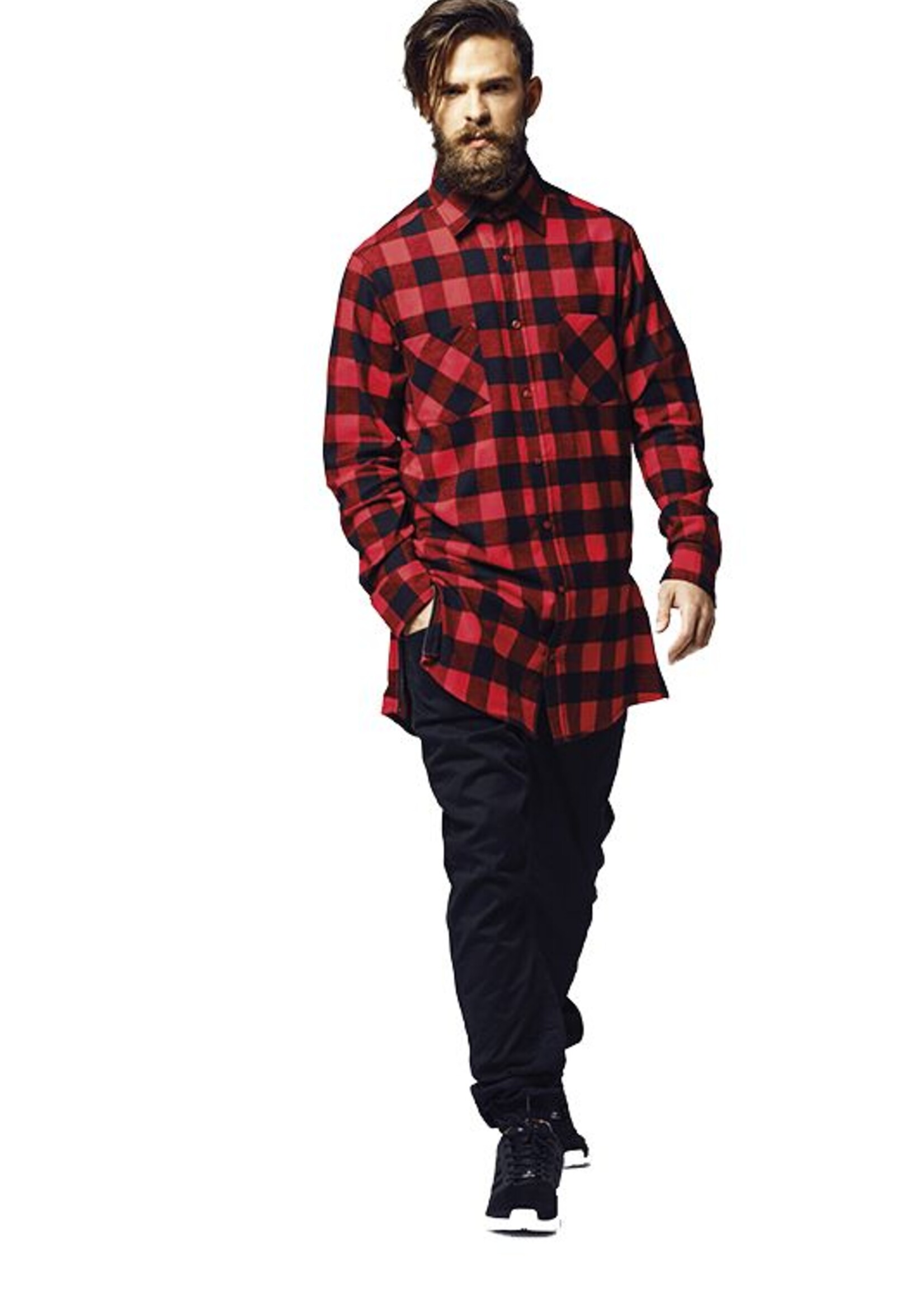 SIDE-ZIP LONG FLANNEL SHIRT BLACK/RED (MEN)