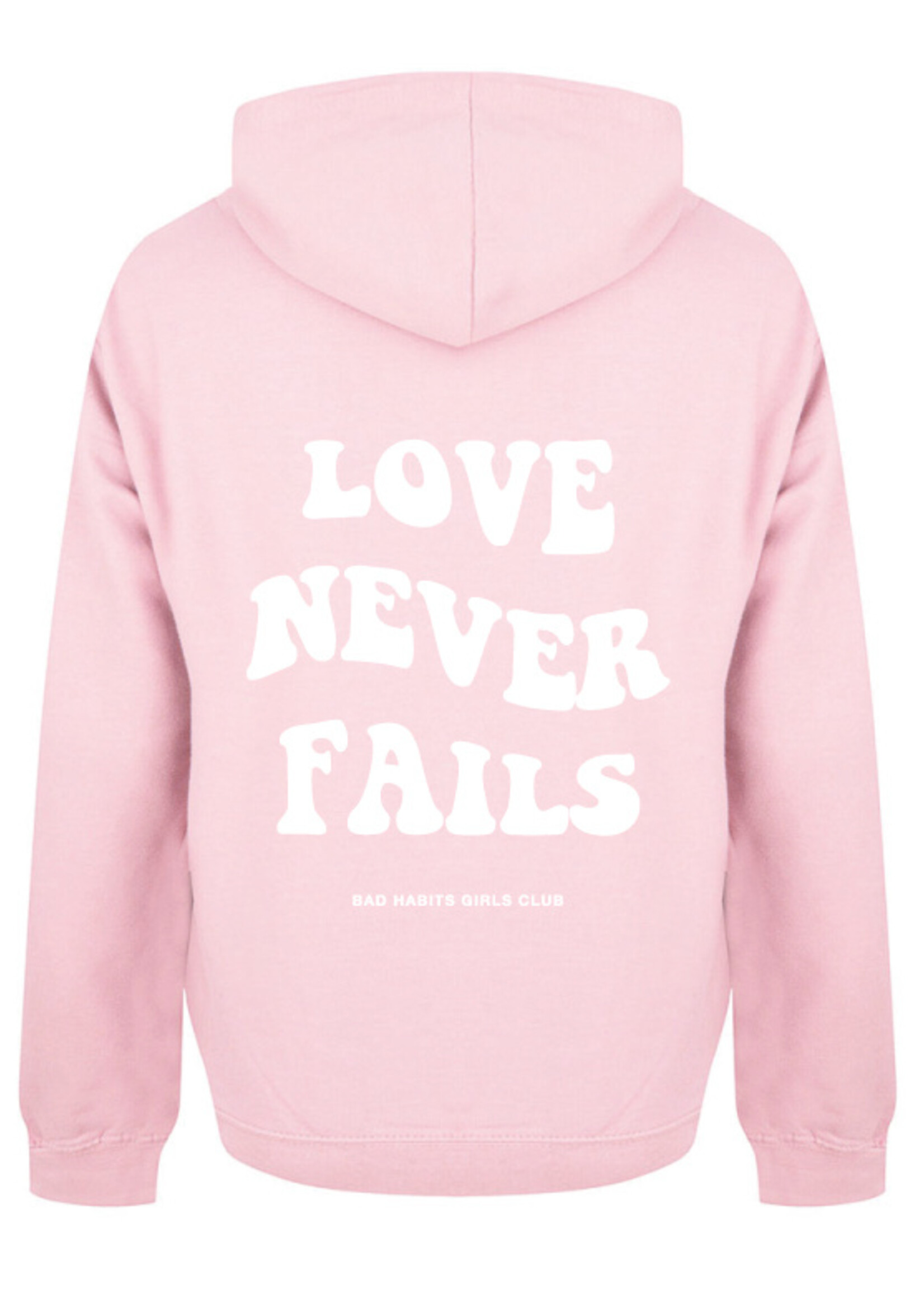 LOVE NEVER FAILS HOODIE SOFT PINK
